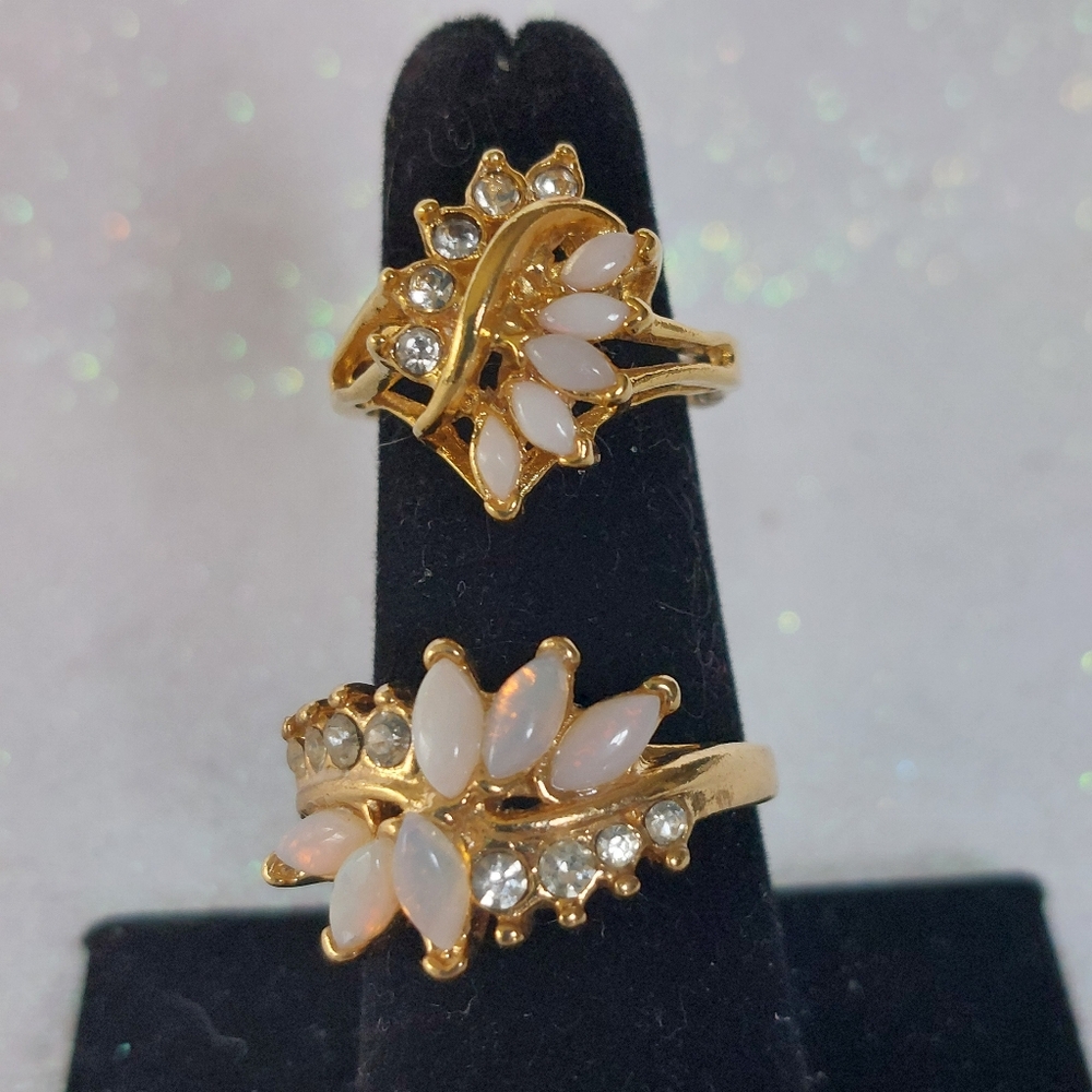 VTG Uncas Faux Opal Rhinestone Cocktail Rings Lot of 2, Goldtone, Estate Jewelry